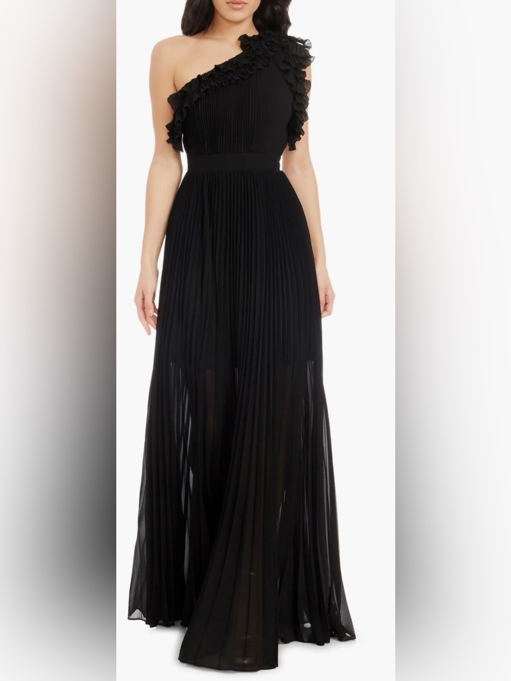 New Dress The Population Vida One-Shoulder Pleated Chiffon Gown Black Sz S